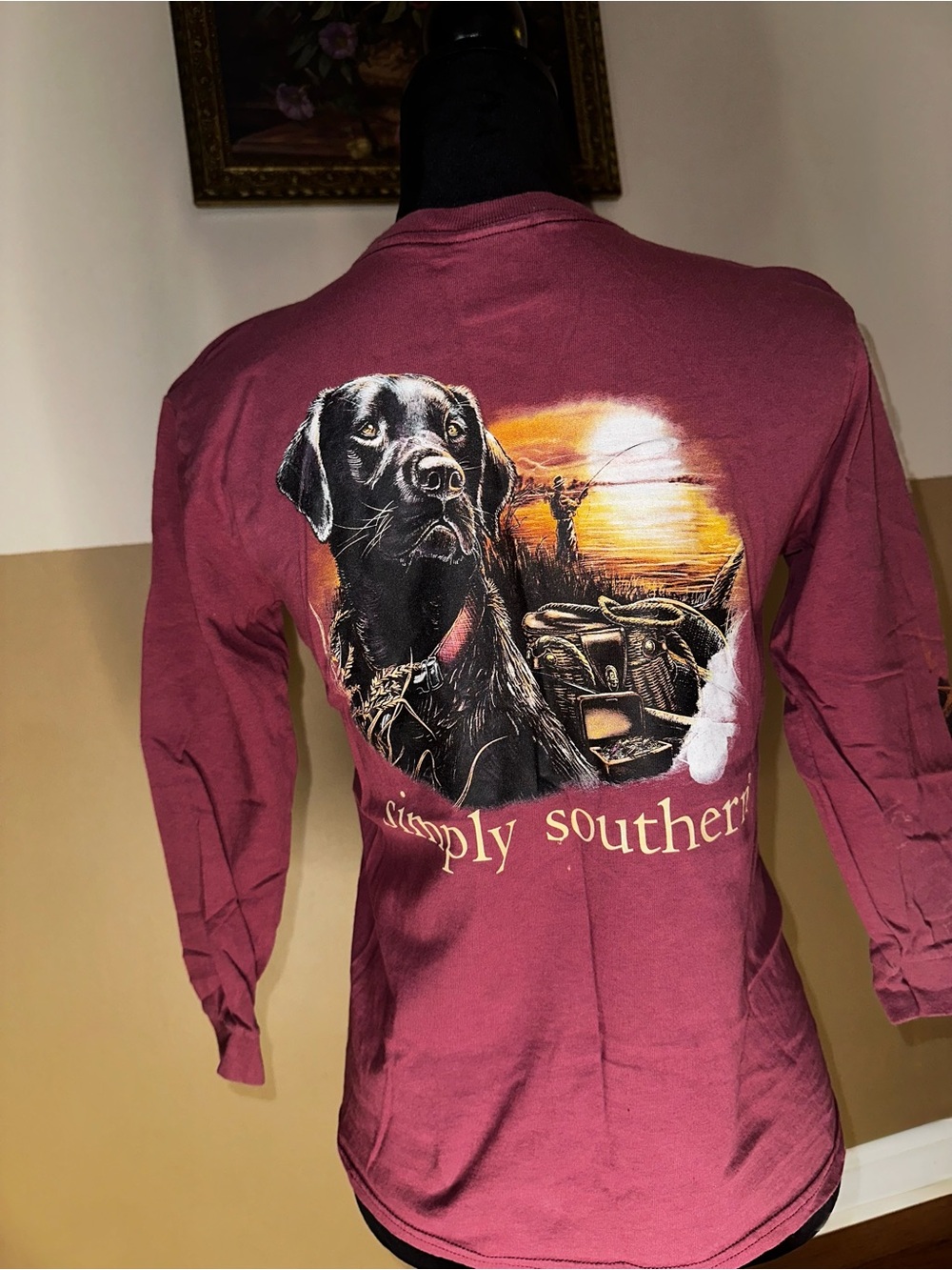 Simply Southern Maroon Long Sleeve Tee with Black Labrador Sunset Graphic